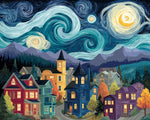 Starry night village cross stitch kit for beginners