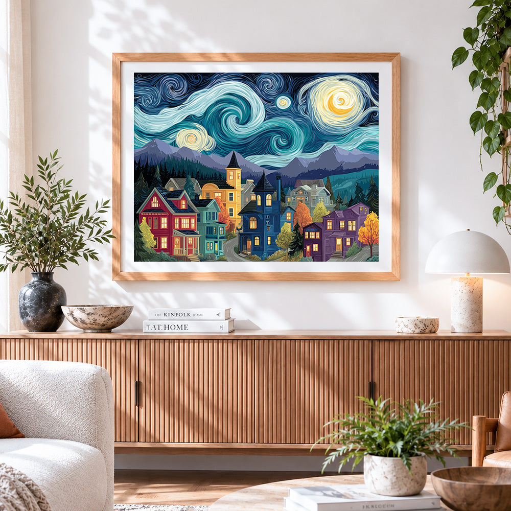 Finished starry night village paint by numbers artwork displayed as home decor