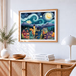 Starry night village paint by numbers artwork displayed on wall as home decor