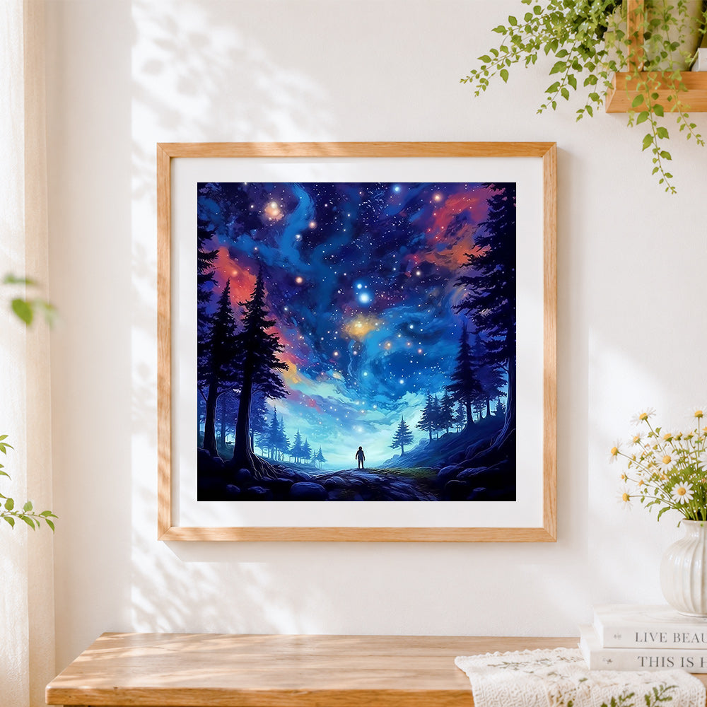 Finished starry night wanderer in the forest cross stitch artwork displayed