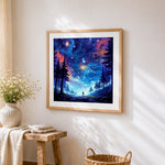 Starry night wanderer in the forest cross stitch artwork displayed on wall as home decor