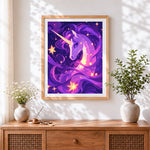 Finished starry purple unicorn paint by numbers artwork displayed as home decor