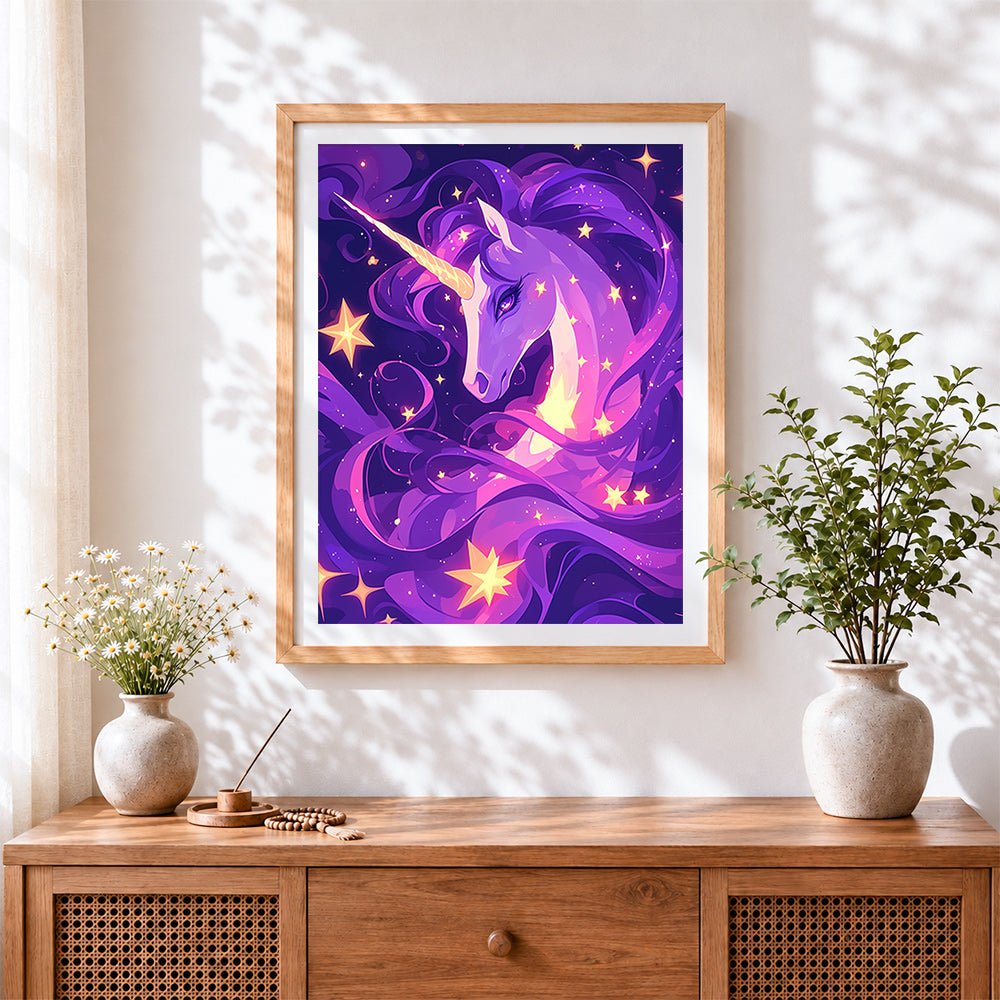 Finished starry purple unicorn paint by numbers artwork displayed as home decor