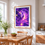Starry purple unicorn paint by numbers artwork displayed on wall as home decor