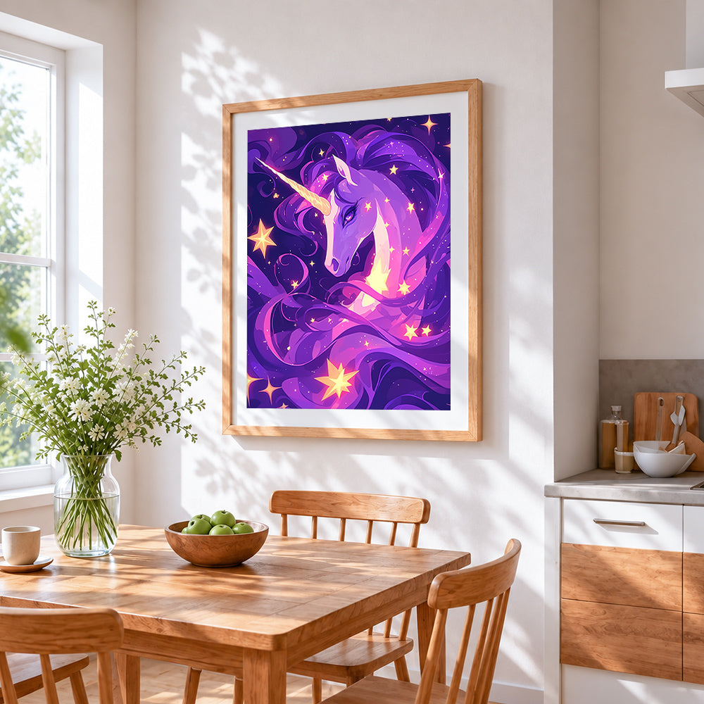 Starry purple unicorn paint by numbers artwork displayed on wall as home decor