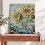 Finished starry sunflowers pearl diamond painting artwork displayed as home decor
