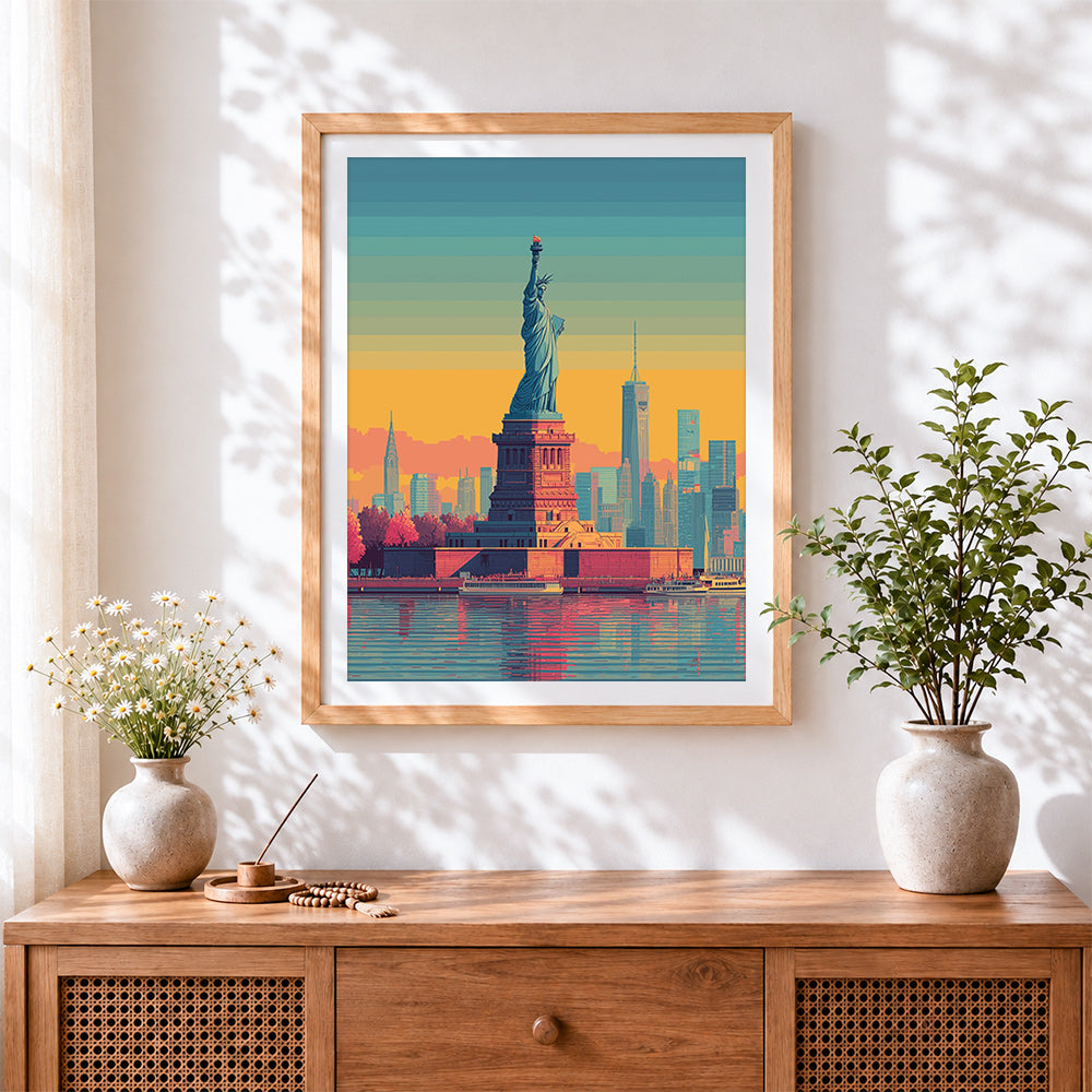 Finished statue of liberty and skyline cross stitch artwork displayed