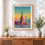 Finished statue of liberty and skyline cross stitch artwork displayed