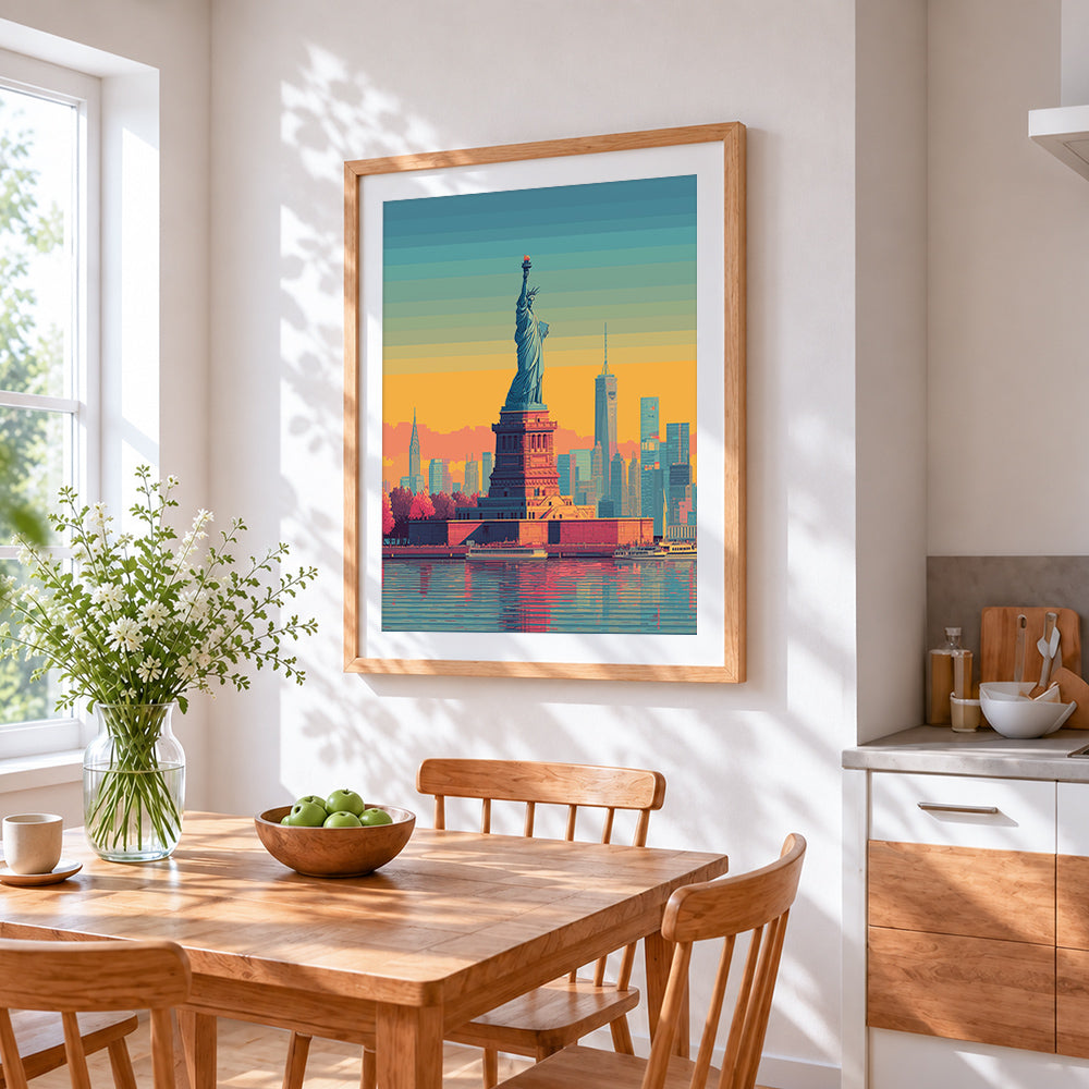 Statue of liberty and skyline cross stitch artwork displayed on wall as home decor