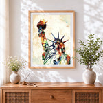 Finished statue of liberty cross stitch artwork displayed