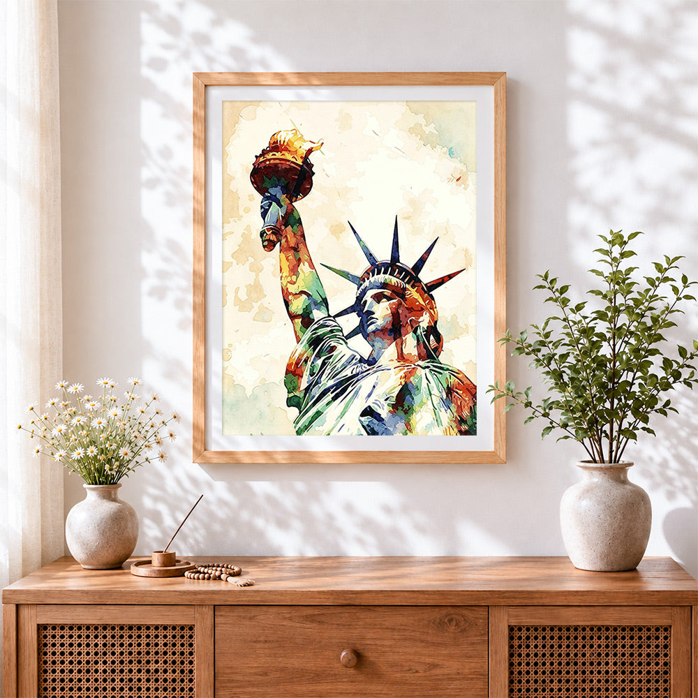 Finished statue of liberty cross stitch artwork displayed