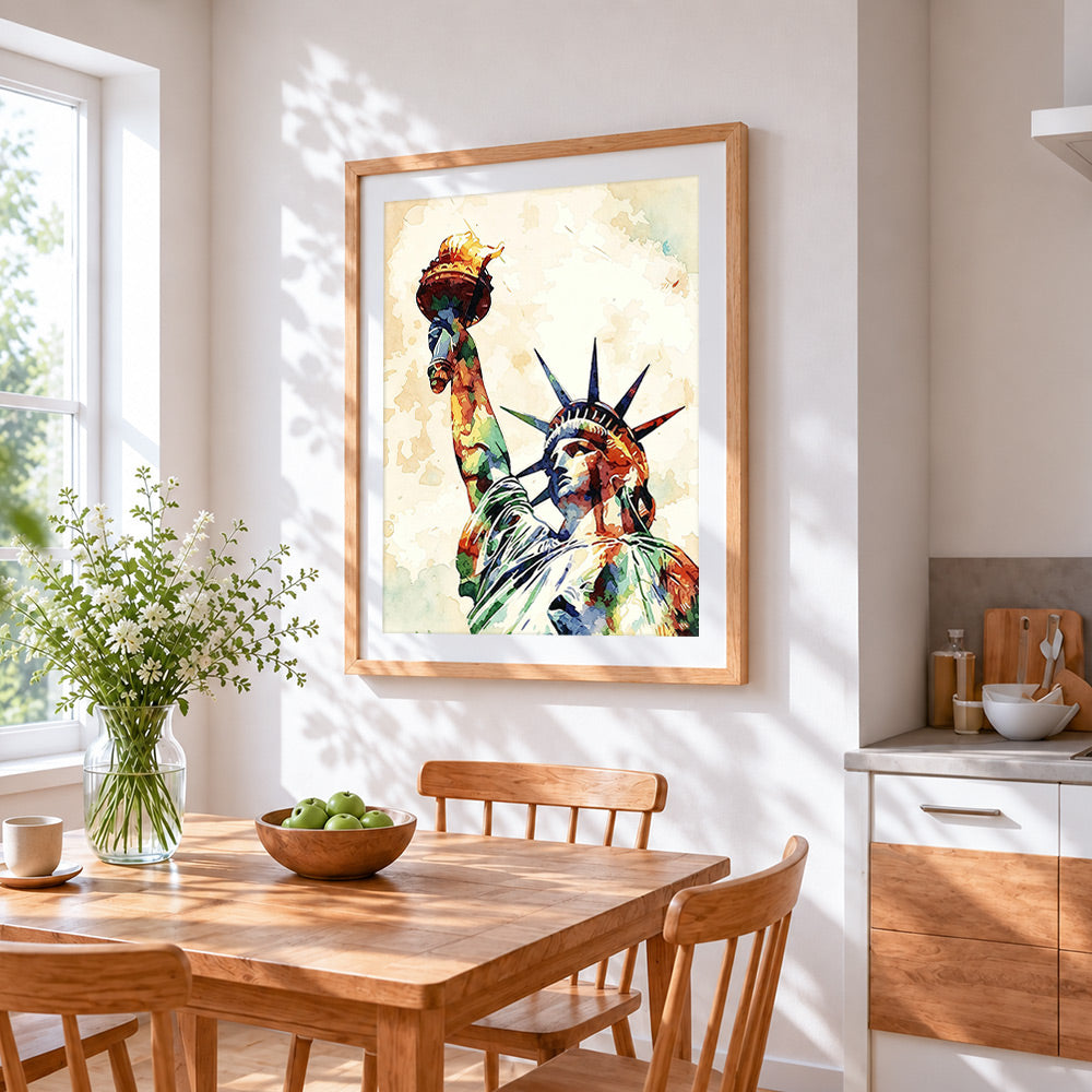 Statue of liberty cross stitch artwork displayed on wall as home decor