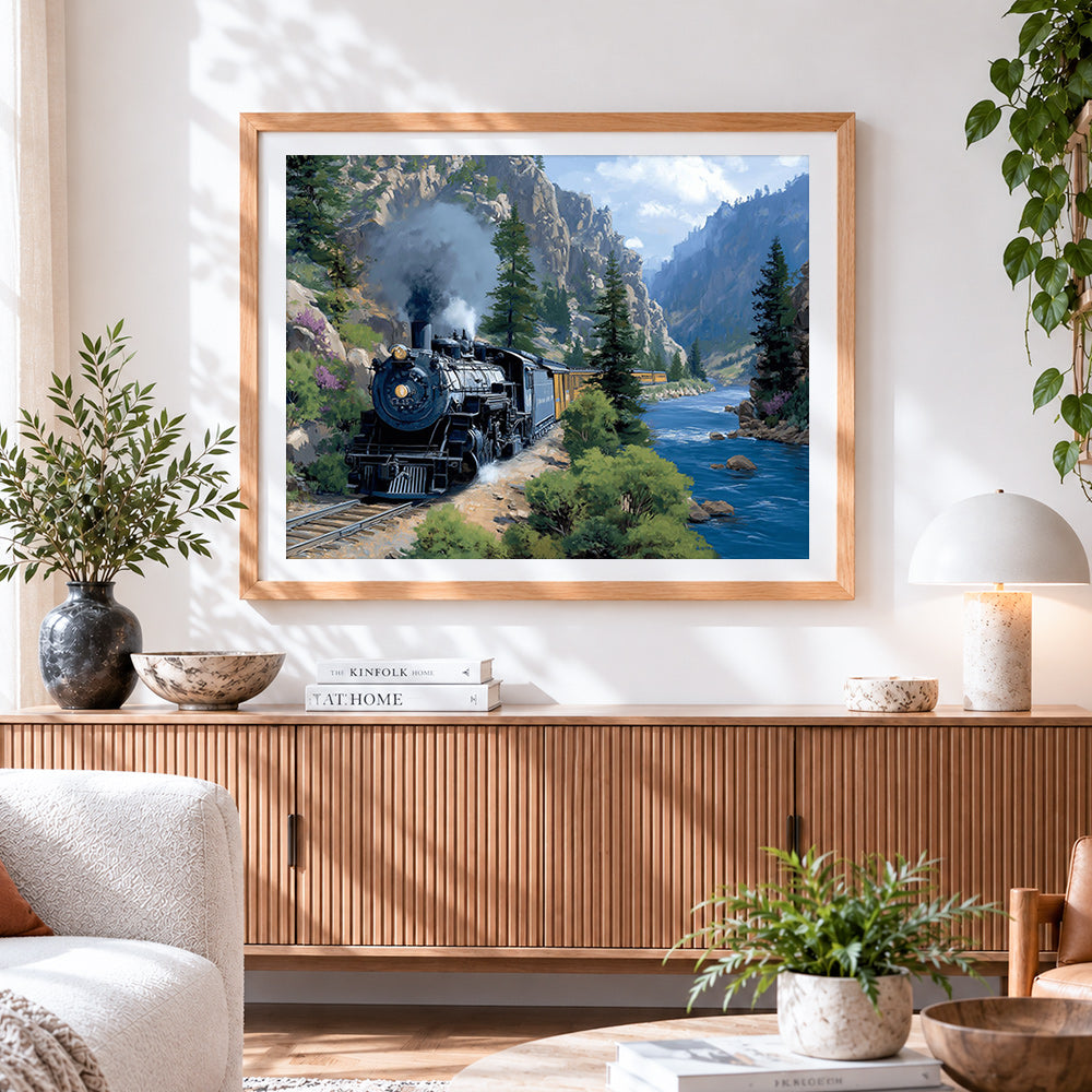 Finished steam train in canyon paint by numbers artwork displayed as home decor