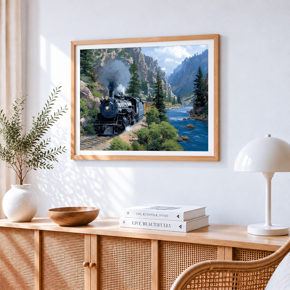 Steam train in canyon paint by numbers artwork displayed on wall as home decor