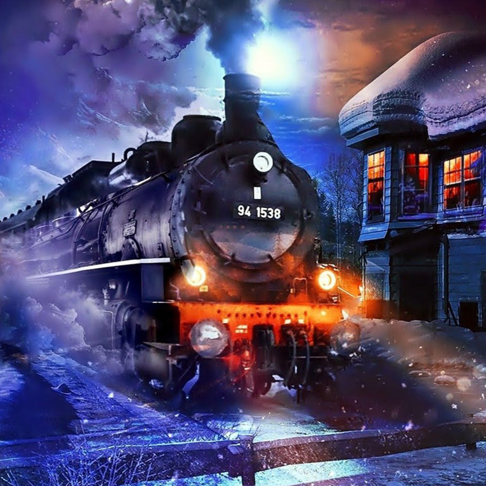 Steam train in snowy night cross stitch kit for beginners