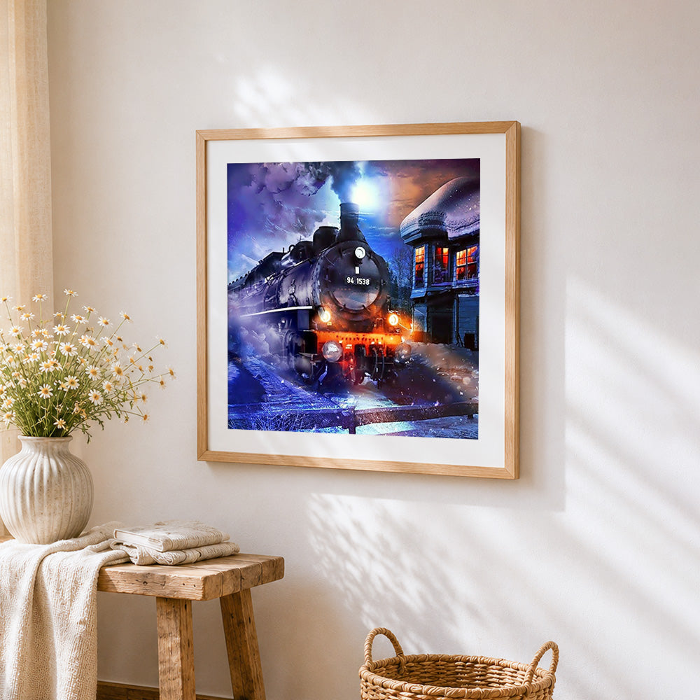 Steam train in snowy night cross stitch artwork displayed on wall as home decor
