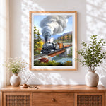 Finished steam train on bridge cross stitch artwork displayed