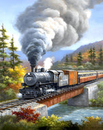 Steam train on bridge cross stitch kit for beginners