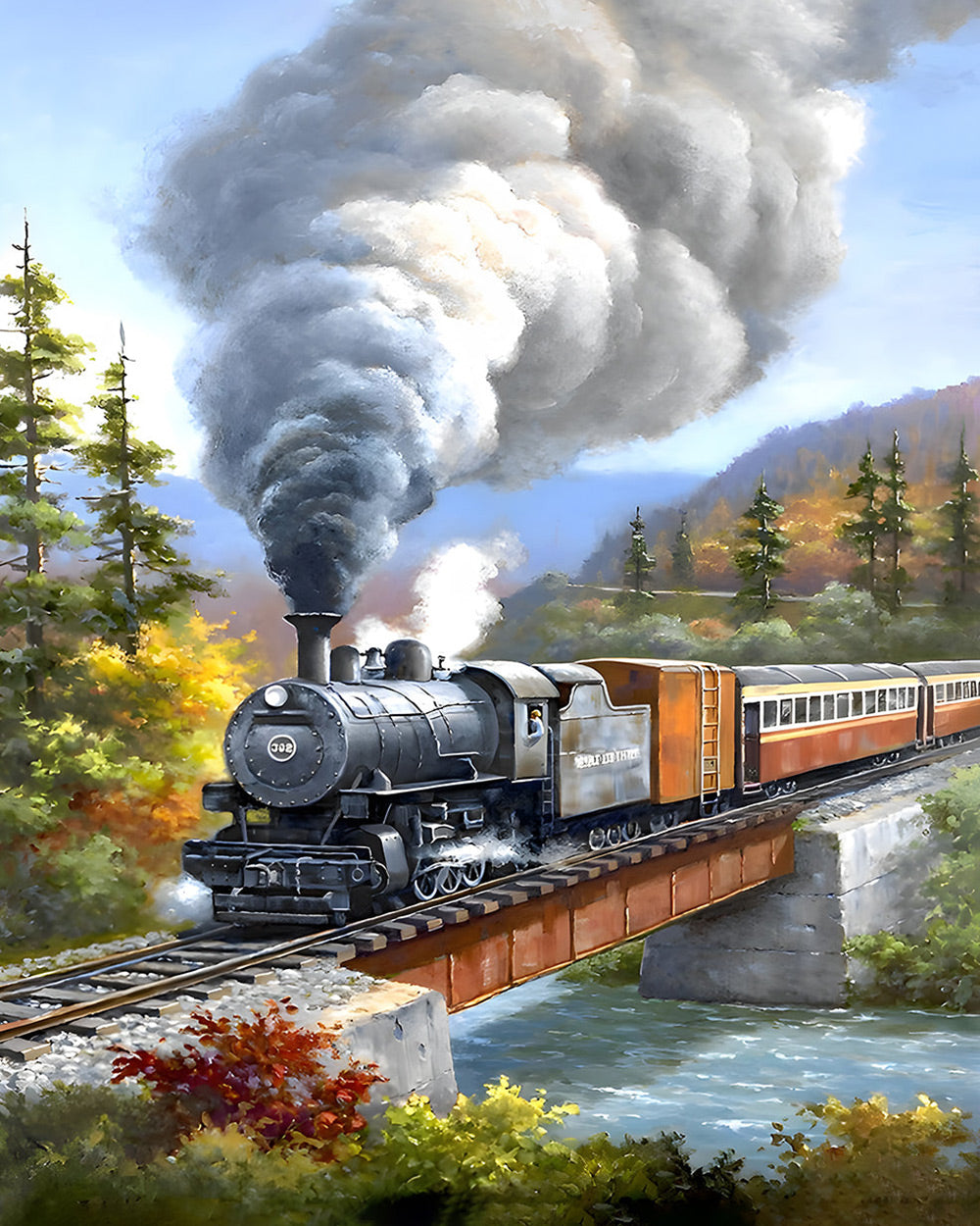 Steam train on bridge cross stitch kit for beginners