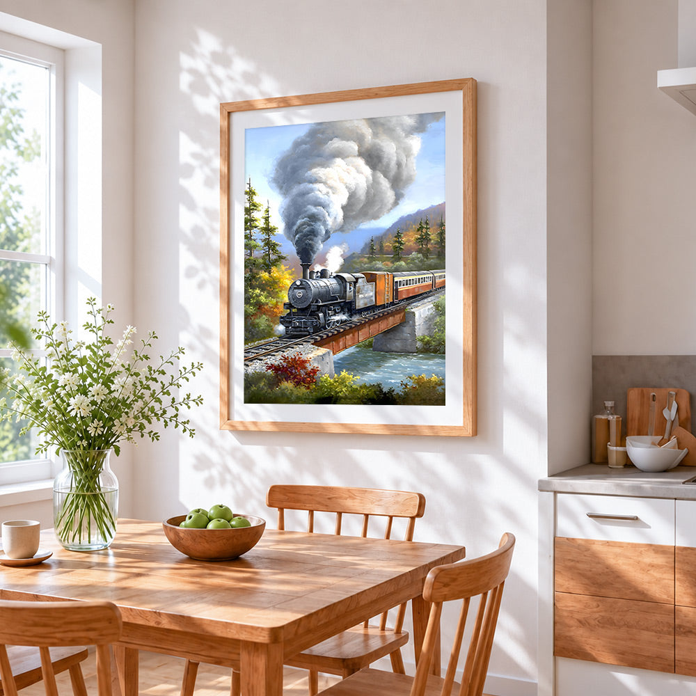 Steam train on bridge cross stitch artwork displayed on wall as home decor