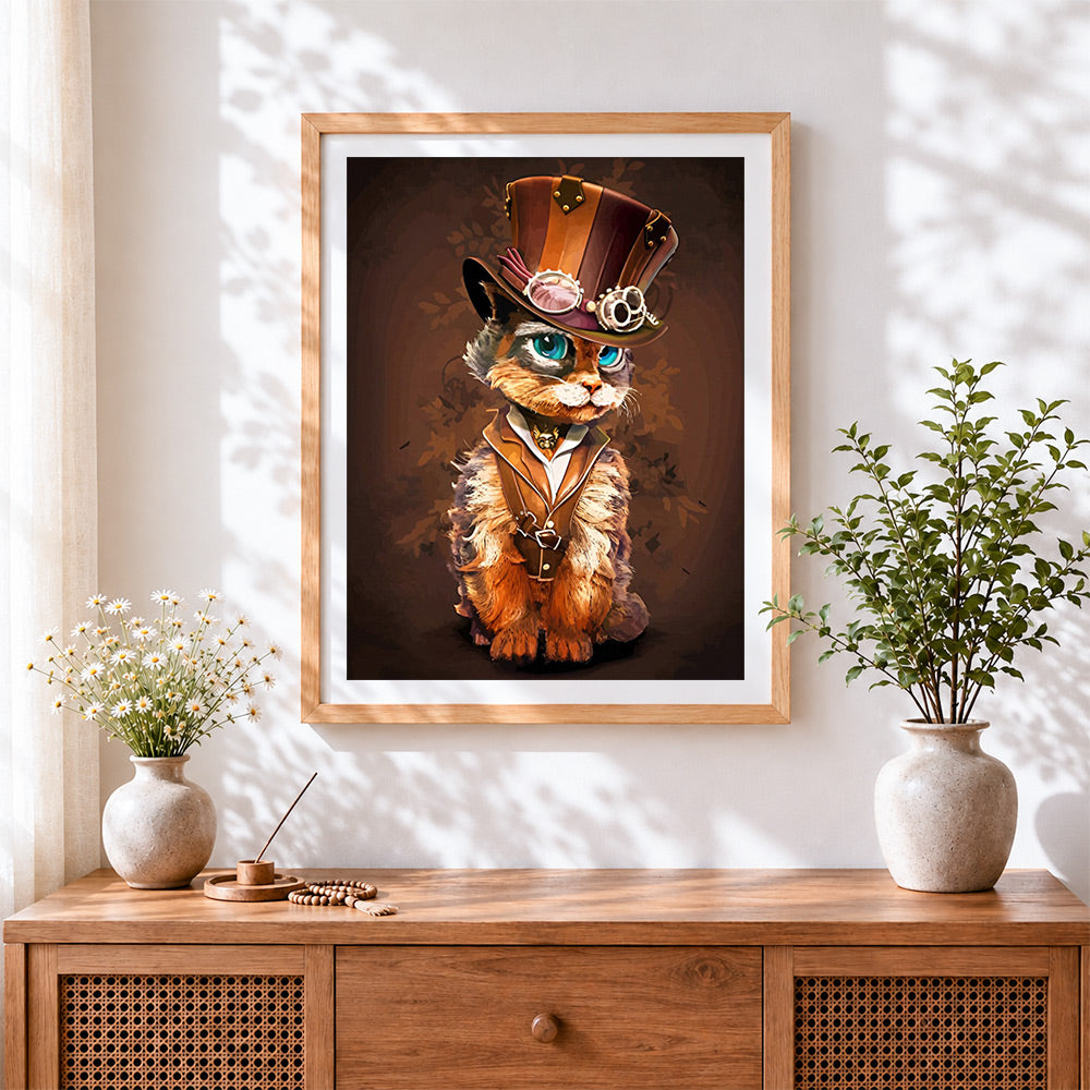 Finished steampunk cat cross stitch artwork displayed