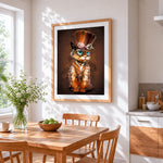 Steampunk cat cross stitch artwork displayed on wall as home decor