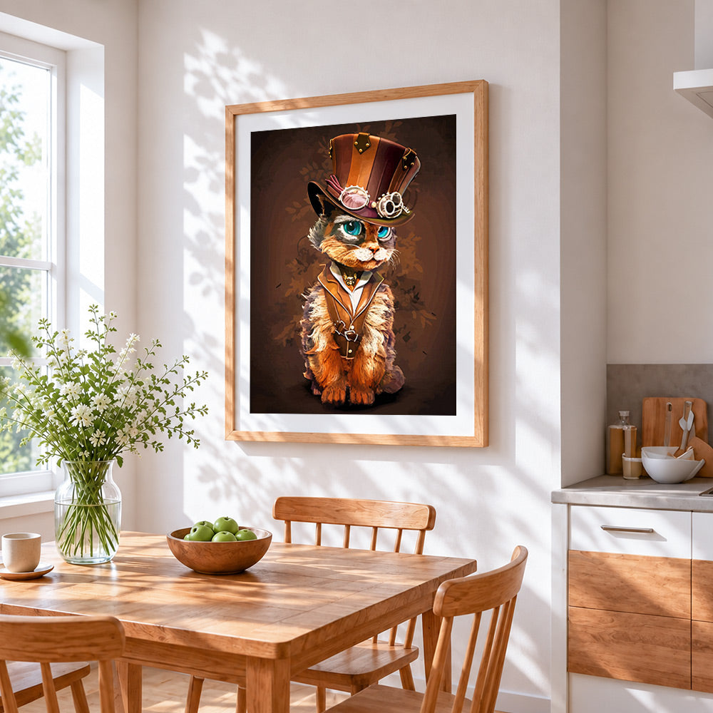 Steampunk cat cross stitch artwork displayed on wall as home decor