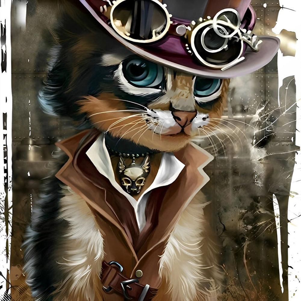 Steampunk cat with top hat and goggles cross stitch kit for beginners
