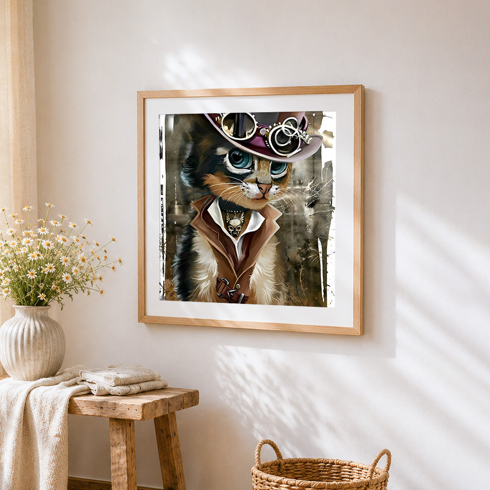 Steampunk cat with top hat and goggles cross stitch artwork displayed on wall as home decor