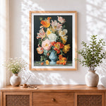 Finished still life with tulips and penoies cross stitch artwork displayed