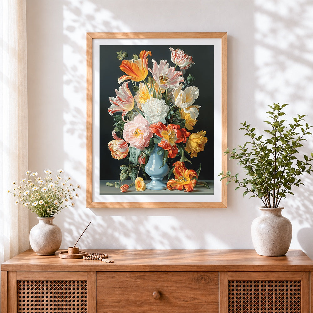 Finished still life with tulips and penoies cross stitch artwork displayed