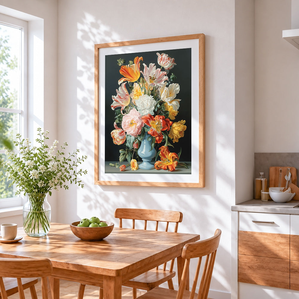 Still life with tulips and penoies cross stitch artwork displayed on wall as home decor