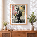Finished street art boy with flowers cross stitch artwork displayed