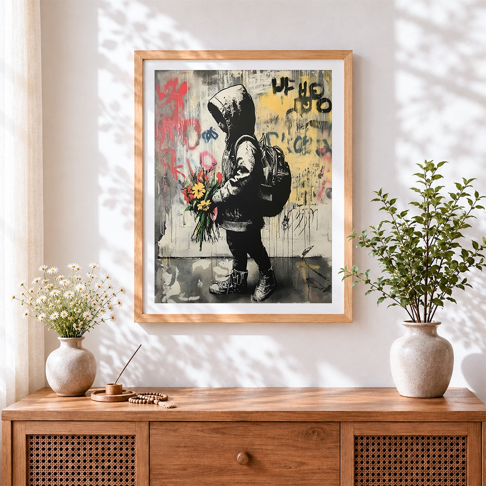 Finished street art boy with flowers cross stitch artwork displayed