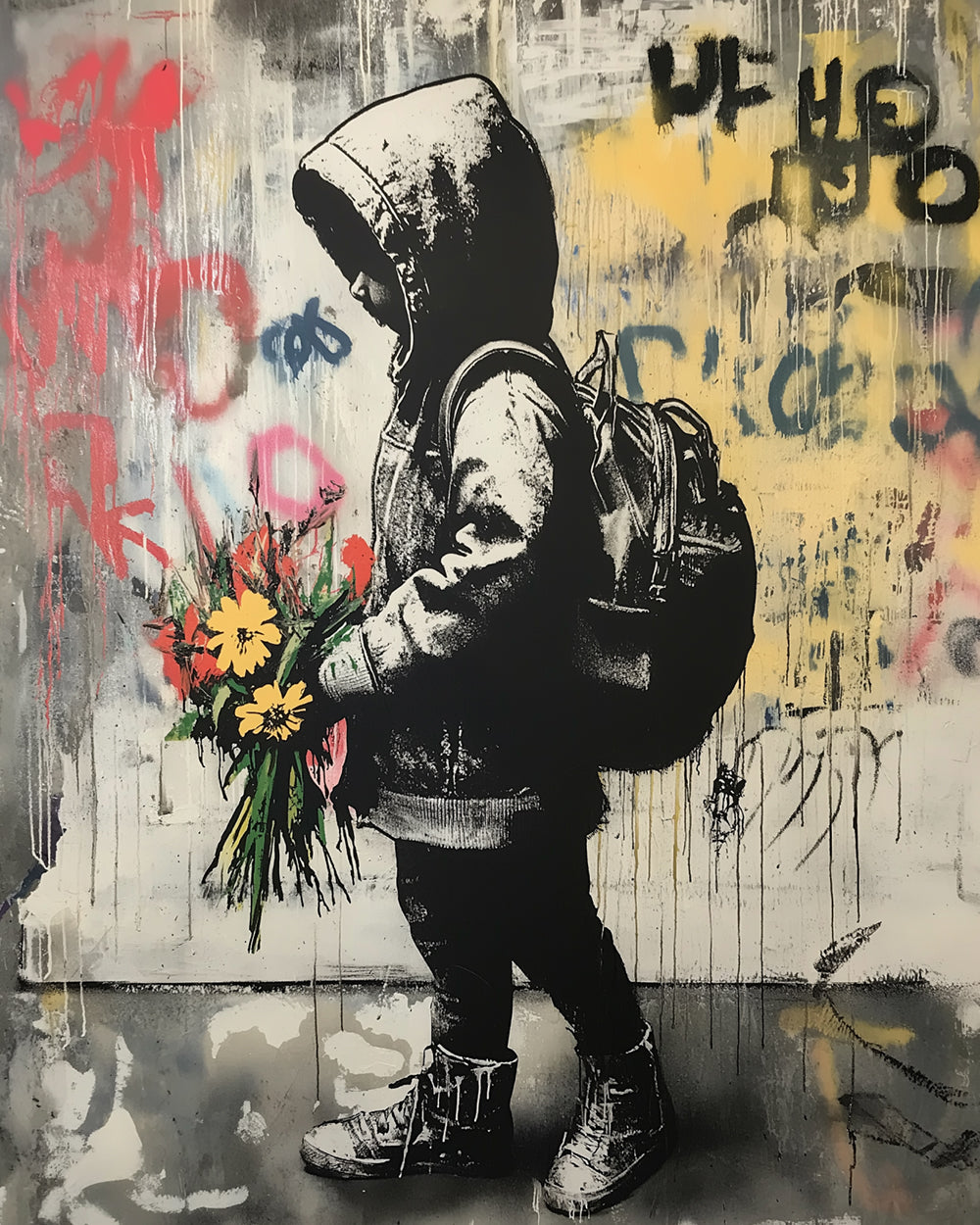 Street art boy with flowers cross stitch kit for beginners