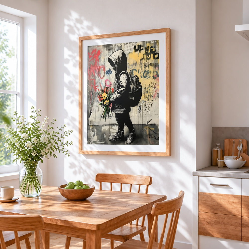 Street art boy with flowers cross stitch artwork displayed on wall as home decor