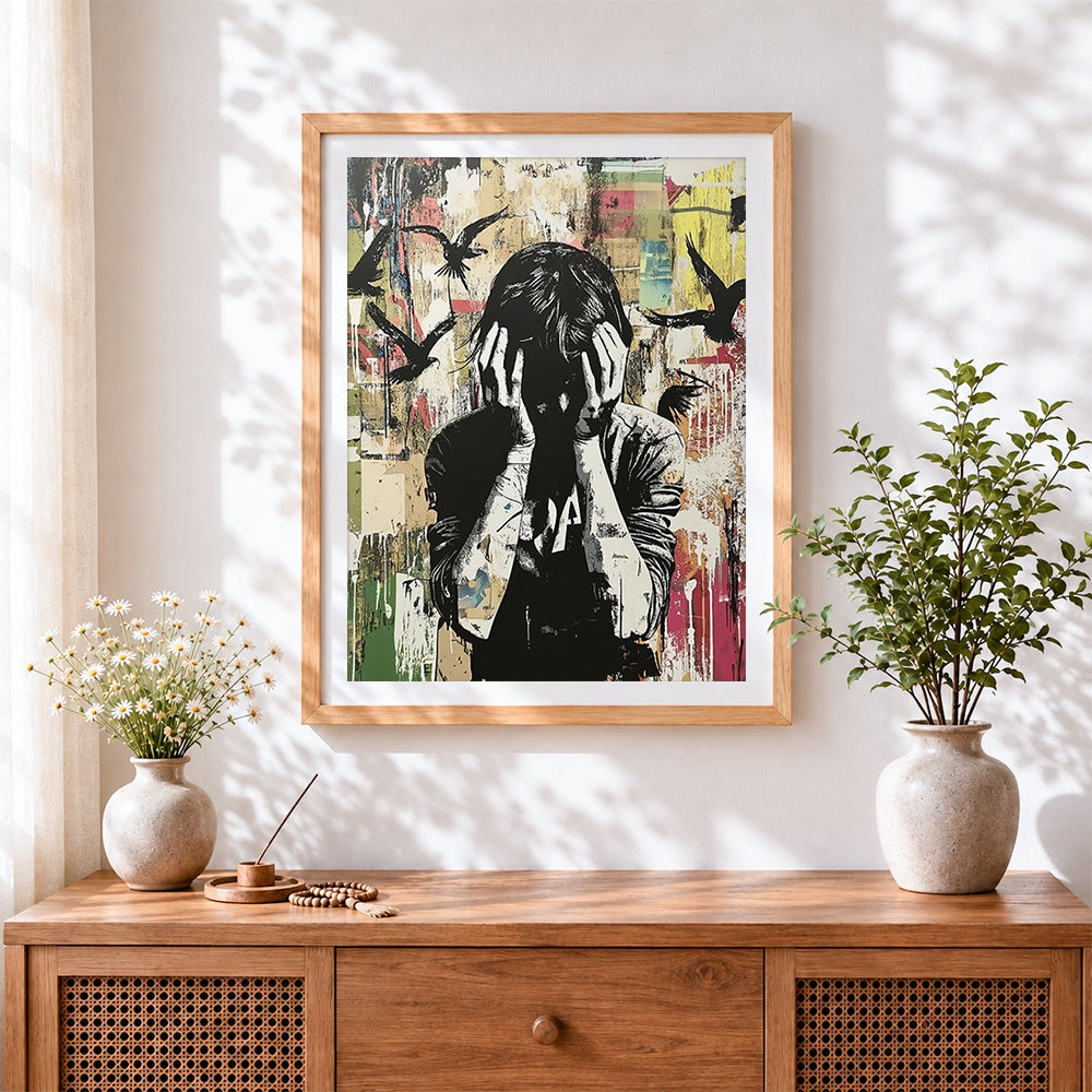 Finished street art figure with hands on face cross stitch artwork displayed