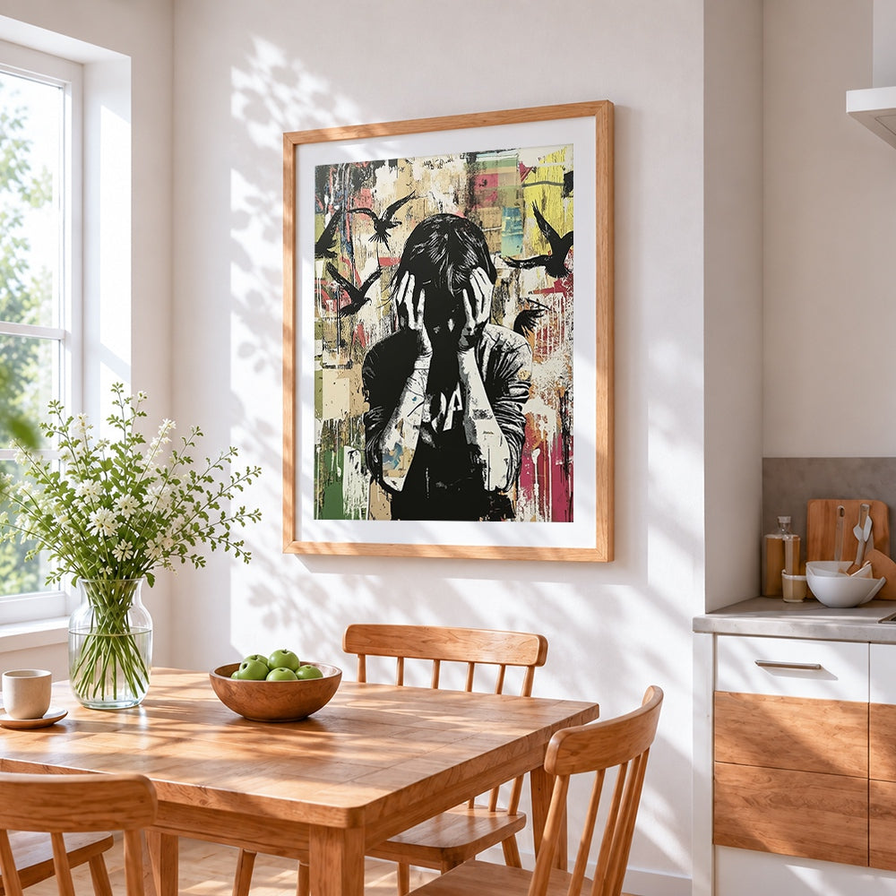 Street art figure with hands on face cross stitch artwork displayed on wall as home decor