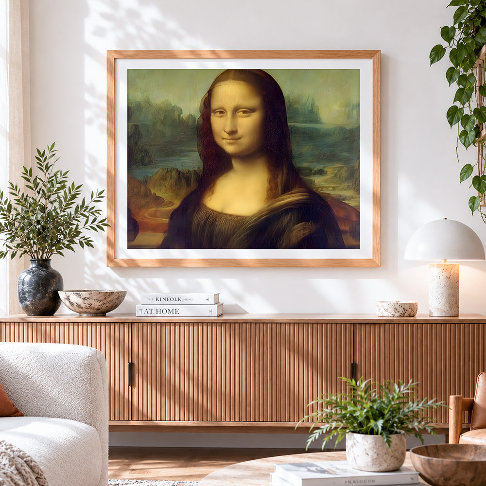 Finished stretched mona lisa parody paint by numbers artwork displayed as home decor