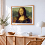 Stretched mona lisa parody paint by numbers artwork displayed on wall as home decor