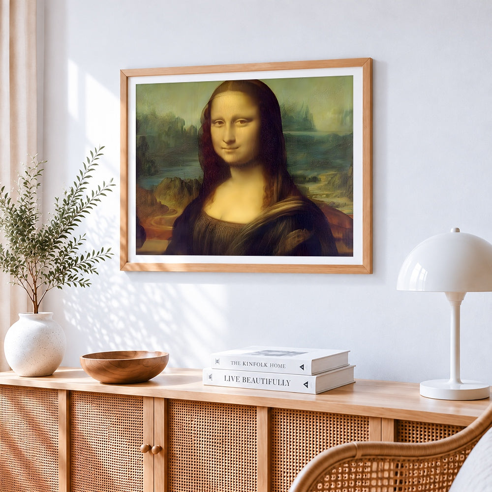 Stretched mona lisa parody paint by numbers artwork displayed on wall as home decor
