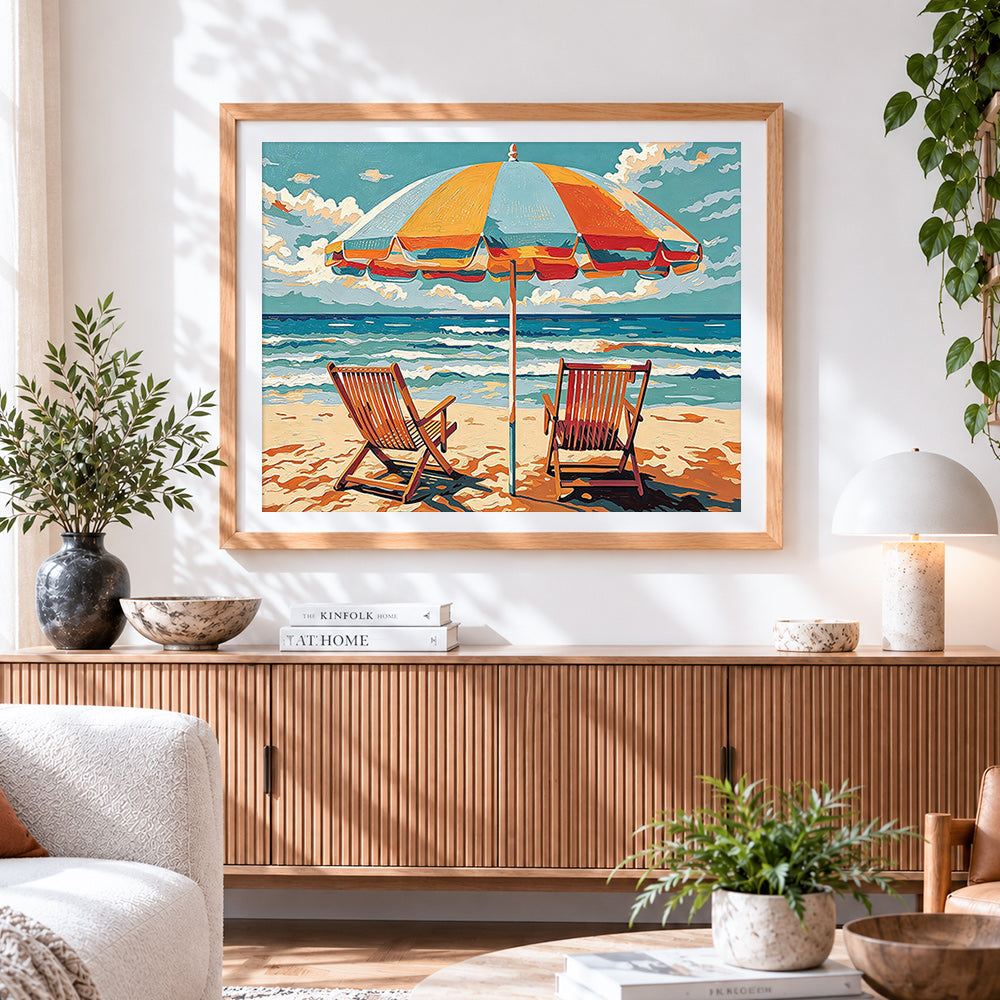 Finished striped beach umbrella and chairs paint by numbers artwork displayed as home decor