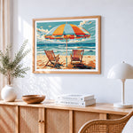 Striped beach umbrella and chairs paint by numbers artwork displayed on wall as home decor