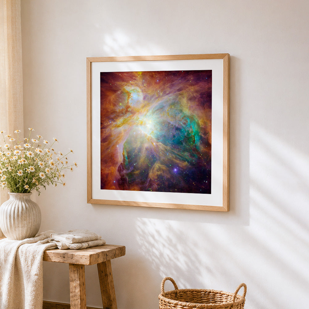 Stunning orion nebula deep space cross stitch artwork displayed on wall as home decor