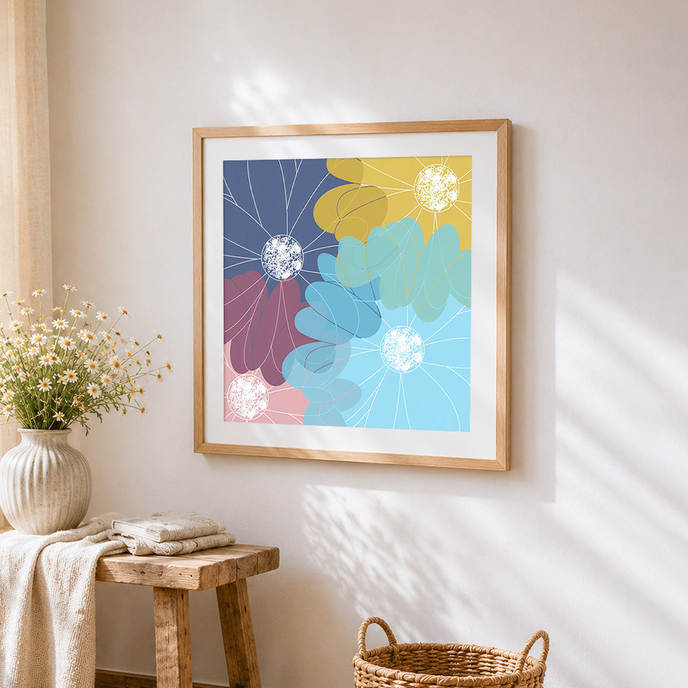 Stylised chrysanthemum design cross stitch artwork displayed on wall as home decor
