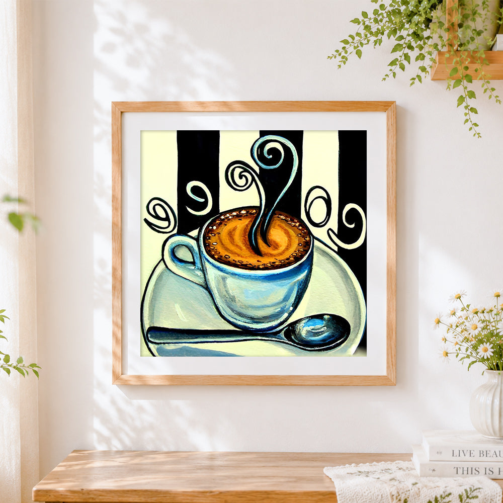 Finished stylised coffee cup and swirls illustration cross stitch artwork displayed