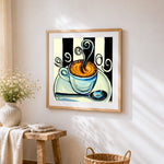 Stylised coffee cup and swirls illustration cross stitch artwork displayed on wall as home decor