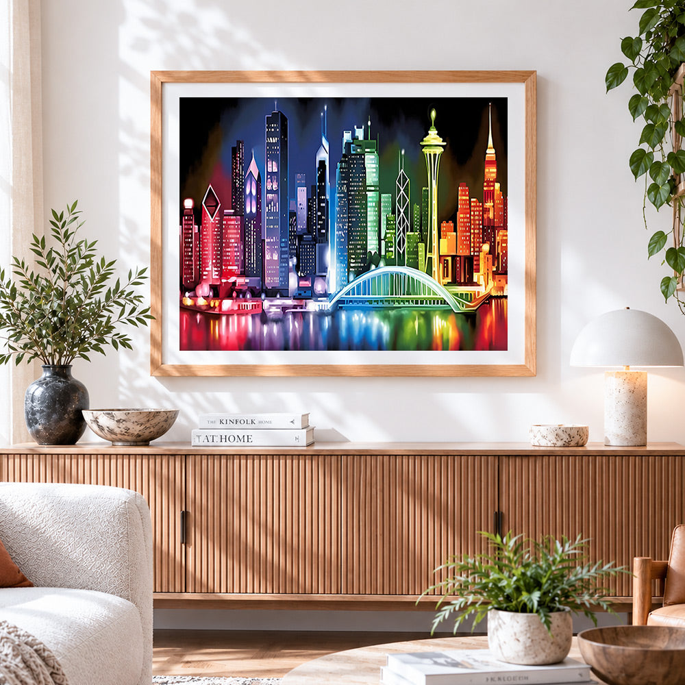 Finished stylised colourful cityscape cross stitch artwork displayed