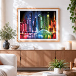 Finished stylised colourful cityscape cross stitch artwork displayed