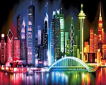 Stylised colourful cityscape cross stitch kit for beginners